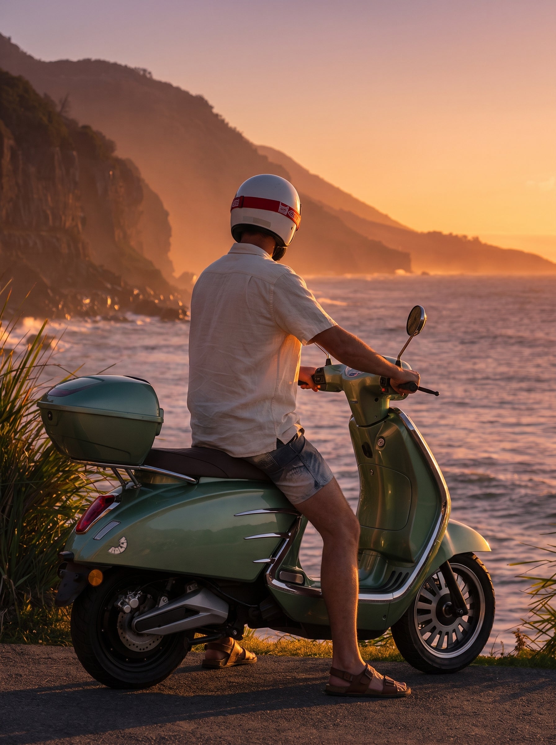 A person wearing a white helmet sits on a light green vintage-style electric scooter parked by the ocean at sunset, with mountains and water in the background.