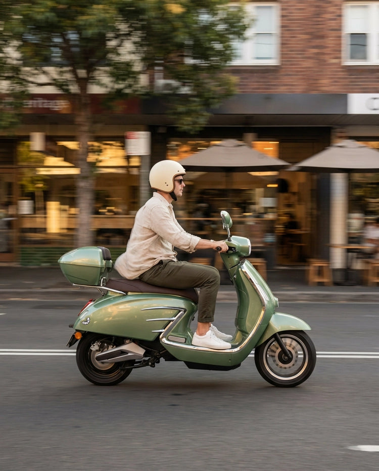 man riding on green electric moped in Sydney