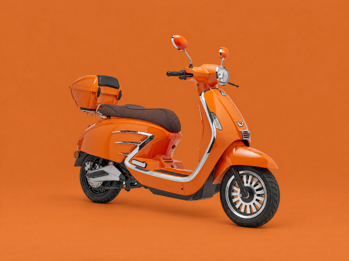 Orange electric moped with a orange background on a 45 degree angle