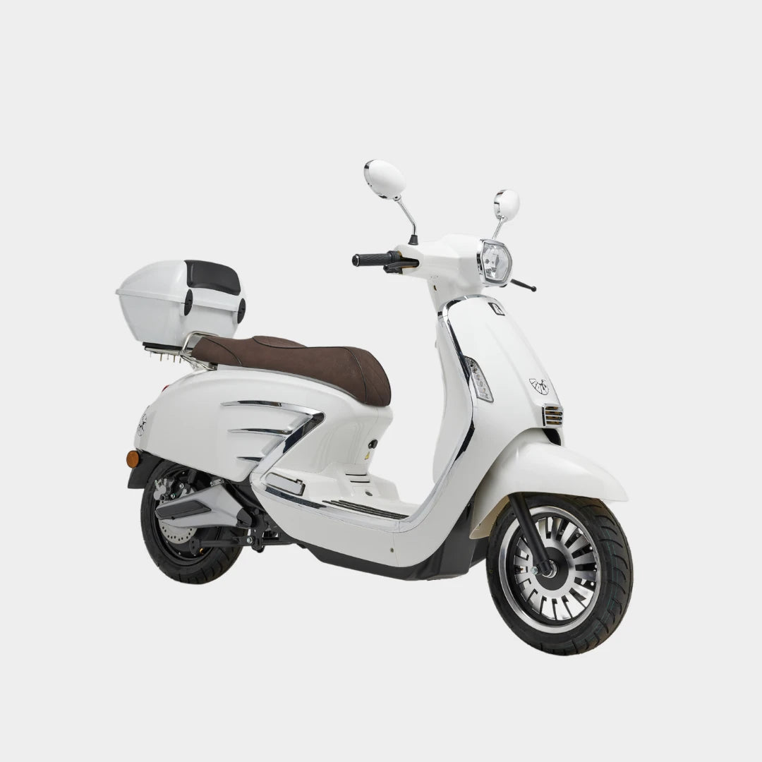 White electric scooter-motorbike-moped with a brown seat on a white background rolln