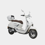 White electric scooter-motorbike-moped with a brown seat on a white background rolln