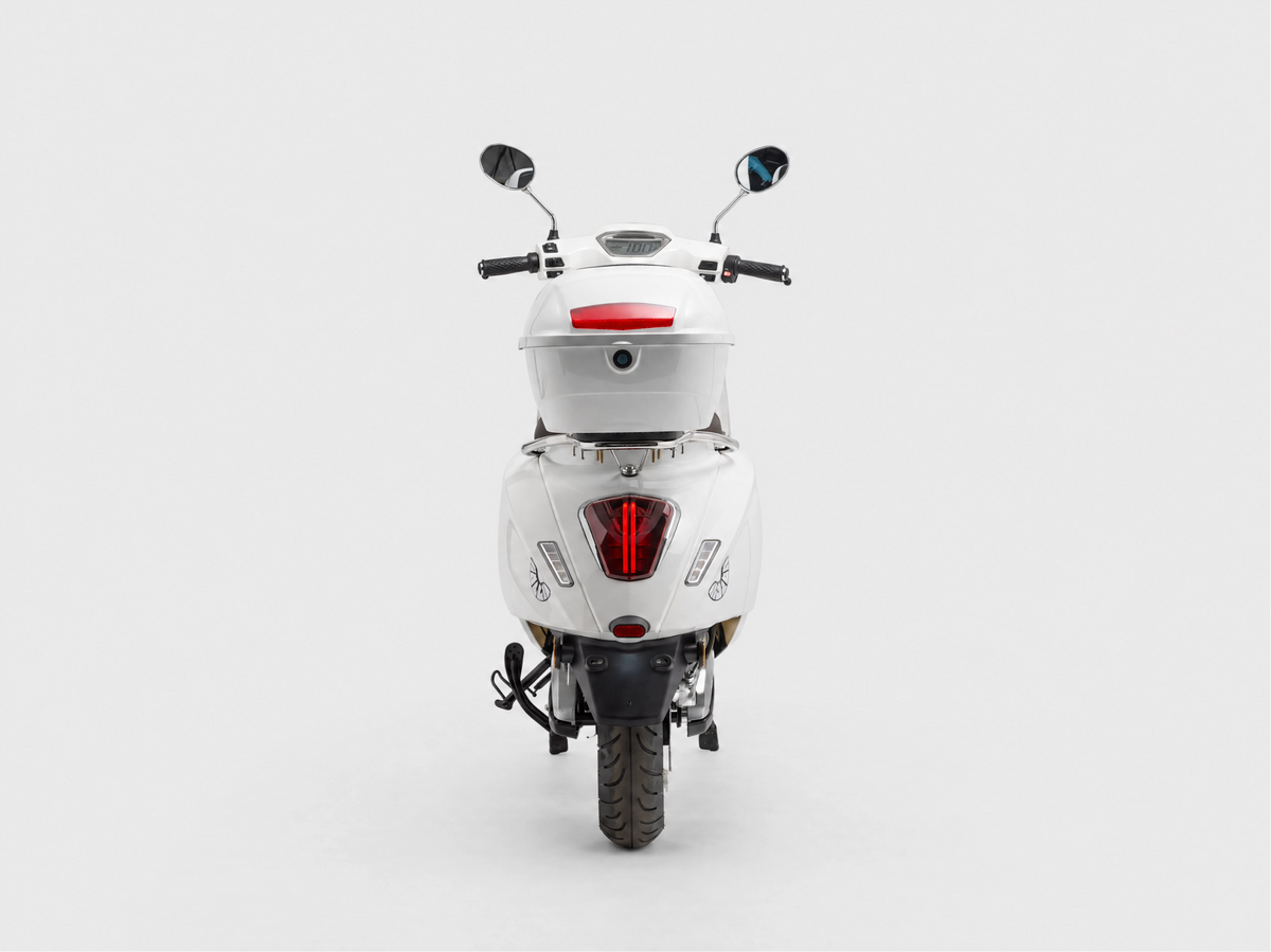 White electric scooter with lock box from behind with a white background