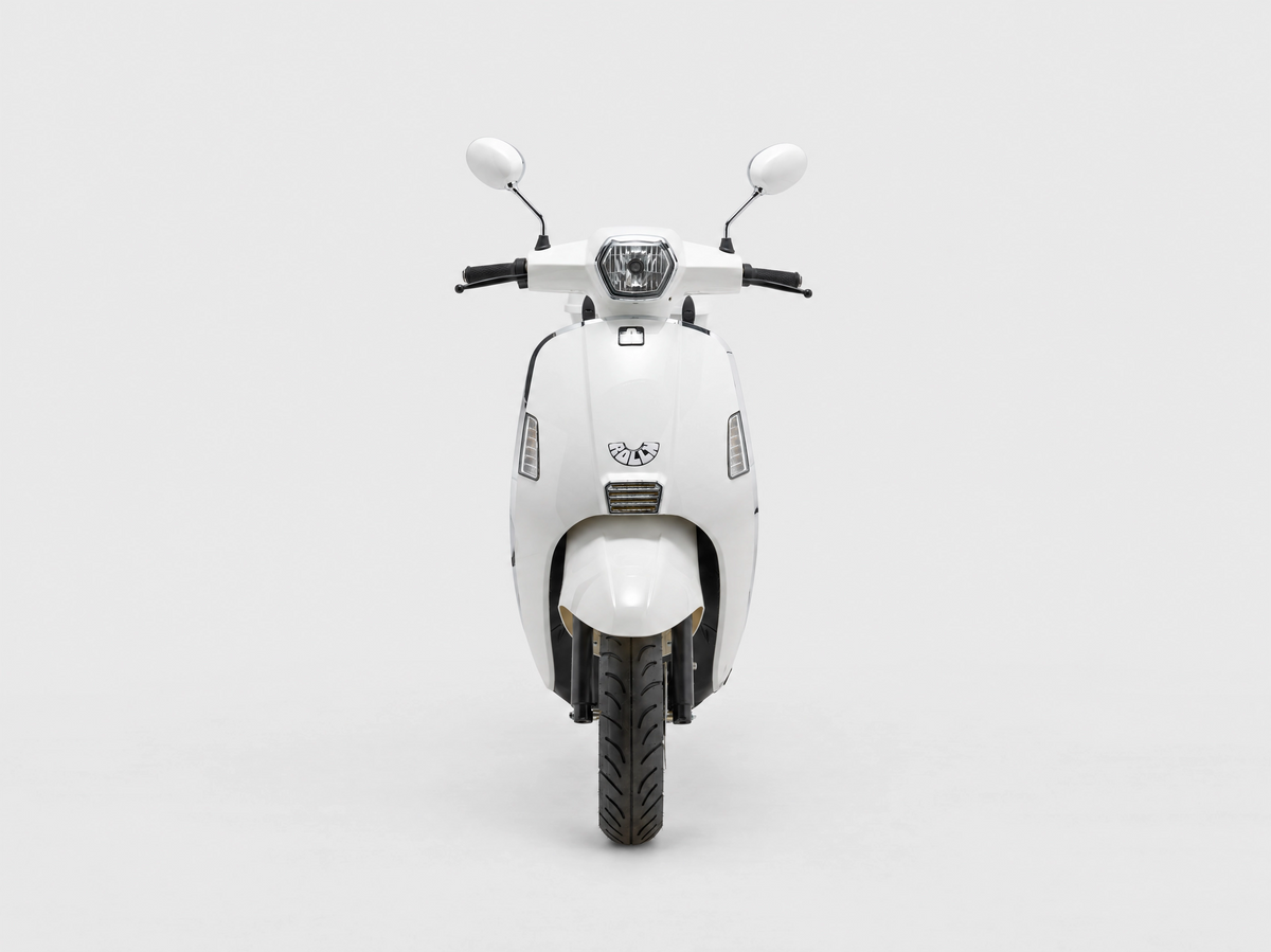 A white electric scooter with black handlebars, mirrors, and a black front tire, shown from a front-facing perspective on a light gray background.
