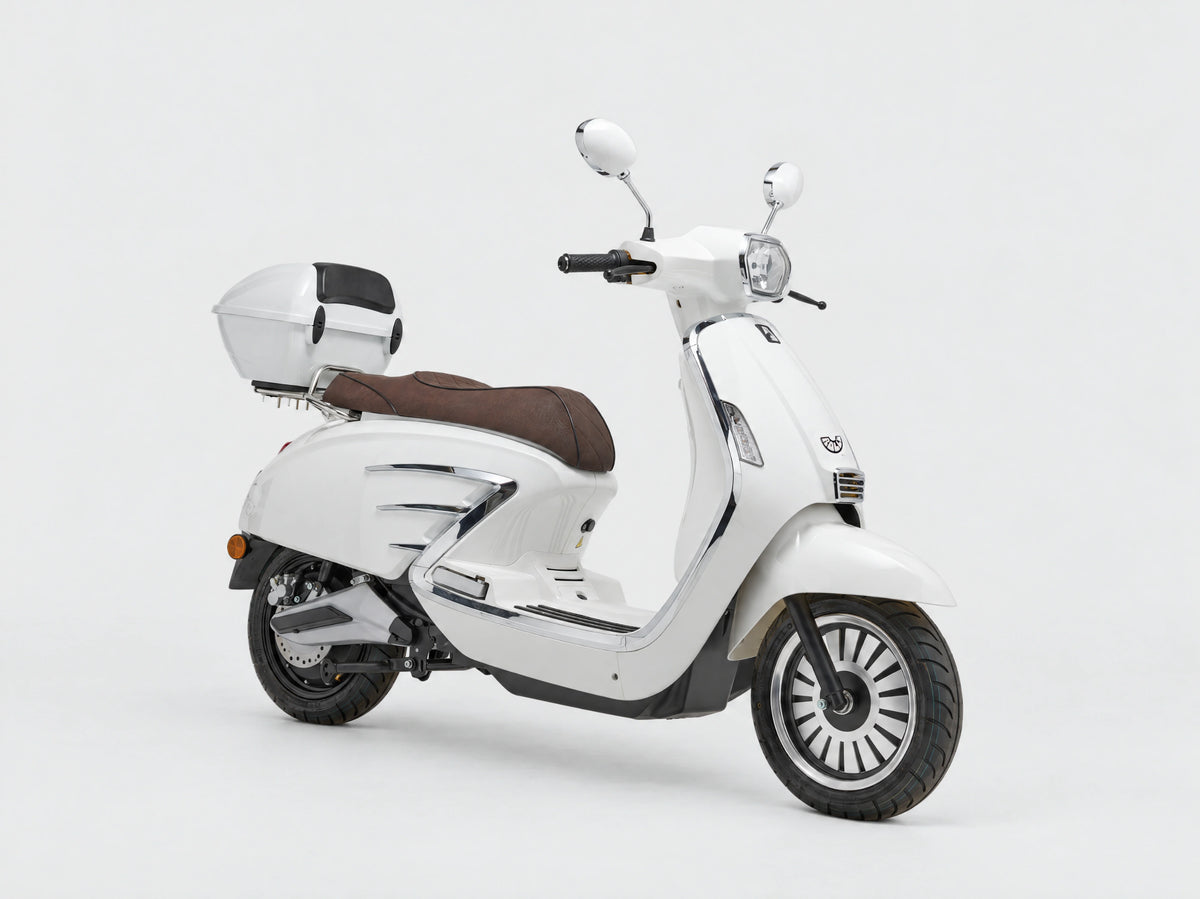 A white electric scooter with a brown seat, chrome accents, and a rear storage box, shown from a three-quarters angle on a light gray background.