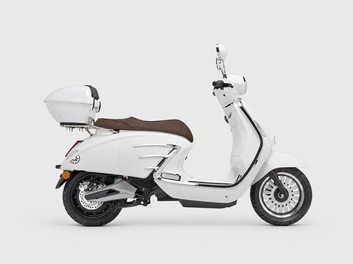 A white Electric scooter with a brown seat, rear storage box, and chrome accents, shown in a side profile on a light gray background.